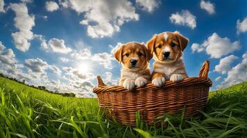 Low angle shot by fish eyes lens of two brown and white color labrador puppies in a basket on green grass in meadow and blue sky photo