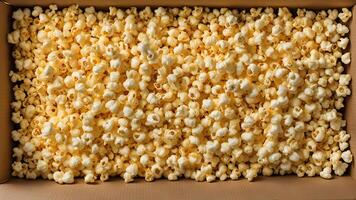 Top view of Popcorn in big paper box. Close up of products made from corn as raw material by heat cook photo