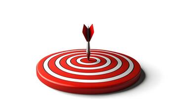 Red dart hit to center of red dartboard on white floor. Arrow on bullseye in target. Business success, investment goal, opportunity challenge, aim strategy, achievement objective concept. photo