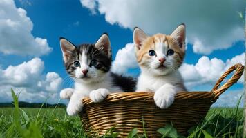 Close up shot of two baby kitten, grey and orange color in jute basket on the green grass in meadow with blue sky photo