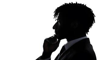 Silhouette side pose of African businessman with suit and hand touch chin in shadow against white background. concept of business leadership, thinking, decision photo