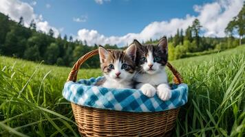 Close up shot with fish eye angle lens of two grey baby kitten in jute basket blanket inside on the green grass in meadow with blue sky photo