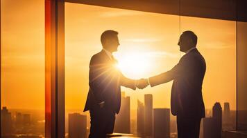 Silhouette businessman conversation pose and handshake against sun light flare and building background. concept of business success, decision, partnership, cooporate, teamwork photo
