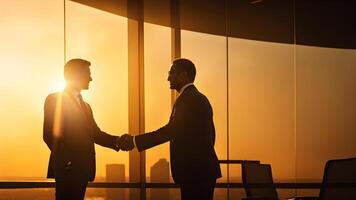 Silhouette two businessman handshake against sunset and blurry city building background. concept of business success, decision, partnership, cooporate, teamwork photo