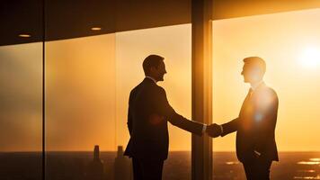Silhouette two businessman handshake against sunrise and blurry city building background. concept of business success, decision, partnership, cooporate, teamwork photo