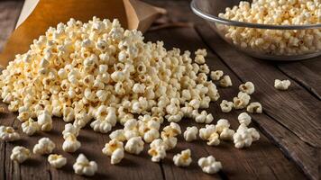 Popcorn in bowl and paper bag with popcorn scattered on wooden table. Close up of products made from corn as raw material by heat cook photo