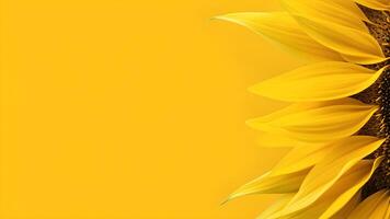 Flat lay close up of blossom sunflower isolated on yellow background. Seeds and oil material, flower on right composition, Free space for creative design photo