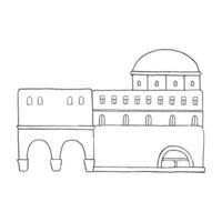 Damascus ancient architecture in Arabic town flat line illustration in black and white. Minimalist Middle East houses with dome and columns. Muslim cityscape ink sketch vector