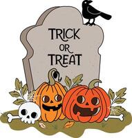 Trick or Treat Spooky Halloween Clipart with Jack-o'-lanterns, Tombstone, and Crow Playful Ornament for Greeting Party Invitation Card Background vector