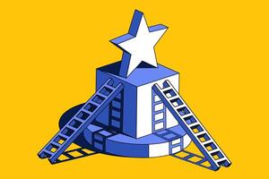 Isometric illustration featuring a white star atop a blue pedestal, with ladders leaning against it from all sides. Symbol of way to award, journey to achievement and recognition. vector