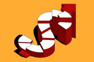 Isometric illustration featuring a stylized red and white dollar sign with segments removed, forming a staircase pattern. The design symbolizes business growth, career advancement. vector