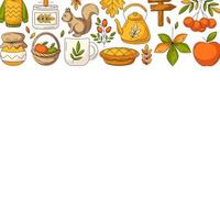 Autumn square poster with space for text. Colorful upper border frame with fall seasonal cozy elements. For greeting card, banner, invitation, social media, festival or postcard. Isolated background vector