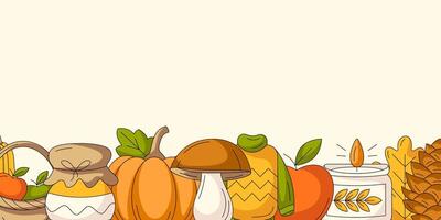 Autumn horizontal banner with space for text. Colorful bottom frame with fall seasonal cozy elements of warm clothes, mushroom, pumpkin, harvest, candle. For poster, flyer, card. Isolated background vector