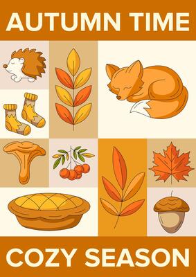 Autumn modern geometric vertical poster a4, cozy fall elements from cute hedgehog, sleeping fox, chanterelle, pumpkin pie, acorn. Seasonal minimalist background for cover, banner, festival