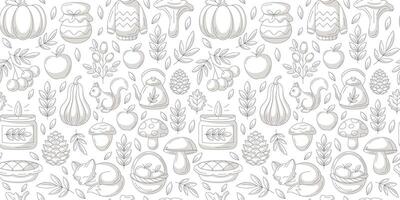 Minimalist autumn seamless pattern with cozy seasonal fall elements, food, clothes and animals. Isolated background. Fall endless backdrop. For fabric, paper, textile, gift wrap, cover or print vector