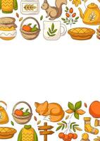 Autumn vertical a4 poster with space for text. Colorful bottom and upper border frame with fall seasonal cozy elements, food, clothes, mushrooms, animals. For card, banner, invitation, social media vector
