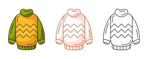 Warm sweater, colorful and line icon set. Fall or winter element of clothes for cold weather. Flat outline icon, monochrome red and color illustration. For logo, sticker, coloring book, label vector