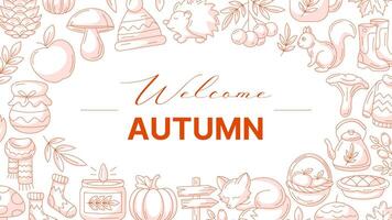 Autumn minimalist horizontal banner with border frame of fall cozy elements. Monochrome red color, text in the middle, isolated background. Seasonal poster, flyer, cover, advertising, invitation vector