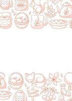 Autumn vertical a4 poster with space for text. Minimalist monochrome red bottom and upper frame with fall seasonal cozy elements, food, clothes, mushrooms, animals. For card, banner, invitation vector