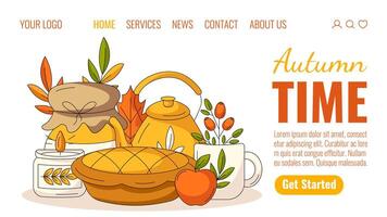 Autumn landing page template. Seasonal cozy fall illustration with pumpkin pie, teapot and mug, candle, apple, rosehip, jam. For website, web, online, banner. Isolated background vector