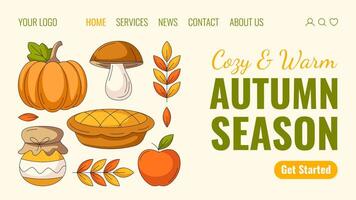 Autumn landing page template. Square geometric composition from fall elements. Pumpkin, boletus or porcini, jam, pie, apple and leaves. For website, web, online, banner. Isolated background vector