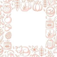 Autumn square poster, space for text. Minimalist monochrome red frame with fall seasonal cozy elements. For card, banner, invitation, social media, festival, postcard. Isolated background vector