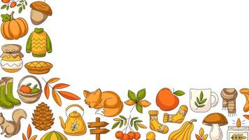 Autumn horizontal banner or background with space for text. Minimalist colorful corner border frame with fall seasonal cozy elements, food, clothes, mushrooms, animals. For poster, card, invitation vector