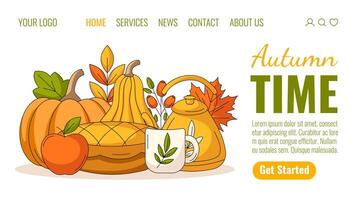 Autumn landing page template. Fall elements for seasonal holidays. Pumpkin, squash, apple, pie, kettle with mug, rosehip and leaves. Illustration for website, web, online, banner vector
