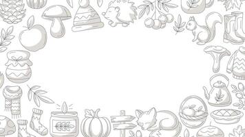 Autumn minimalist horizontal banner, round frame of fall cozy elements. Monochrome gray icons, empty space for text in the middle, isolated background. Seasonal poster, flyer, cover, invitation, card vector