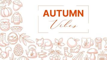 Autumn vibes, horizontal banner or background with space for text. Minimalist corner frame with monochrome red fall seasonal cozy elements, food, clothes, mushrooms, animals. For poster, card, party vector
