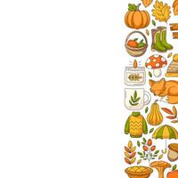 Autumn square poster, space for text. Minimalist colorful right side frame with fall seasonal cozy elements. For card, banner, invitation, social media, festival or postcard. Isolated background vector