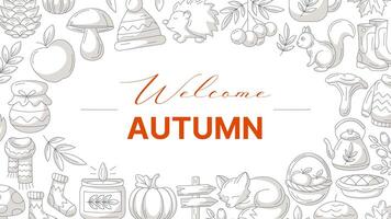 Autumn minimalist horizontal banner with border frame of fall cozy elements. Monochrome gray color, text in the middle, isolated background. Seasonal poster, flyer, cover, advertising, invitation vector