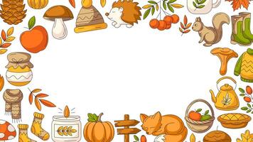 Autumn colorful horizontal banner with border frame of fall cozy elements. Space for text in the middle, isolated white background. Seasonal poster, flyer, cover, advertising, invitation for holiday vector