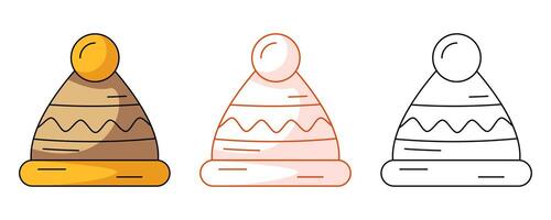 Warm hat, colorful and line icon set. Fall or winter element of clothes for cold weather. Flat outline icon, monochrome red and color illustration. For logo, sticker, coloring book, label vector