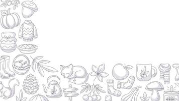 Autumn vibes, horizontal banner or background with empty space for text. Minimalist corner frame, monochrome gray fall seasonal cozy icons, food, clothes, mushrooms, animals. For poster, card, party vector