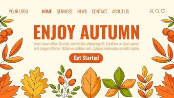 Autumn colorful landing page template. Seasonal fall leaves of oak, aspen, maple, chestnut leaf, rosehip and rowan branch. For website, web, online, banner. Isolated background vector
