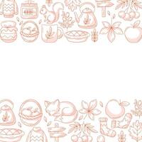 Autumn square poster, space for text. Minimalist monochrome red bottom and upper frame with fall seasonal cozy elements, food, clothes, mushrooms, animals. For card, banner, invitation, social media vector