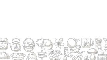 Autumn horizontal banner or background with space for text. Minimalist bottom border frame with monochrome gray fall seasonal cozy elements, food, clothes, mushrooms, animals. For poster, flyer, card vector