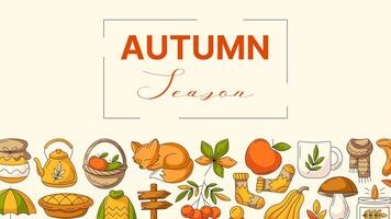 Autumn colorful horizontal banner, bottom frame of fall cozy elements, food, clothes, mushrooms, animals. Space for text in the middle, isolated background. Seasonal poster, flyer, cover, invitation vector