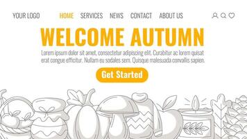 Autumn minimalist landing page template. Monochrome gray seasonal fall cozy elements from pumpkin, jam, warm clothes, apple, mushroom. For website, web, online, banner. Isolated background vector