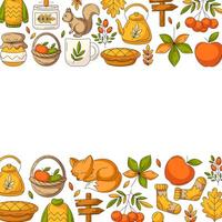 Autumn square poster with space for text. Colorful bottom and upper border frame with fall seasonal cozy elements, food, clothes, mushrooms, animals. For card, banner, invitation, social media vector