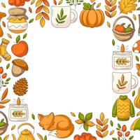 Autumn square poster with space for text in the middle. Colorful border frame with fall seasonal cozy elements. For card, banner, invitation, social media, festival or postcard. Isolated background vector