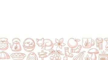 Autumn horizontal banner with space for text. Minimalist bottom frame with monochrome red fall seasonal cozy elements, food, clothes, mushrooms, animals. For poster, flyer, card. Isolated background vector