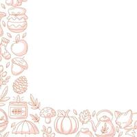 Autumn square poster with space for text in the middle. Minimalist monochrome red corner border frame with fall seasonal cozy elements. For card, banner, invitation, social media, festival or postcard vector