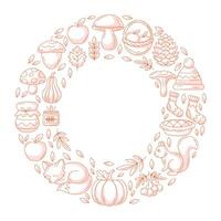 Autumn round frame, space for text in the middle. Minimalist monochrome red cozy seasonal fall elements. Flat illustration for greeting card, postcard, invitation, social media, poster vector