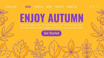 Autumn minimalist landing page template. Bright yellow purple seasonal fall leaves of oak, aspen, maple, chestnut leaf, rosehip and rowan. For website, web, online, banner. Isolated background vector