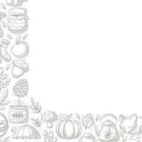 Autumn square poster with space for text in the middle. Minimalist monochrome gray corner frame with fall seasonal cozy elements. For card, banner, invitation, social media, festival or postcard vector