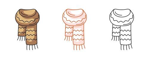 Warm scarf, colorful and line icon set. Fall or winter element of clothes for cold weather. Flat outline icon, monochrome red and color illustration. For logo, sticker, coloring book, label vector