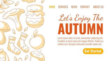 Autumn minimalist landing page template. Monochrome orange seasonal fall cozy elements from chanterelle, jam, warm socks, apple, acorn. For website, web, online, banner. Isolated background vector
