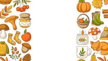 Autumn horizontal banner or background with empty space for text. Colorful modern side border frame with fall seasonal cozy elements, food, clothes, mushrooms, animals. For poster, flyer, card, party vector